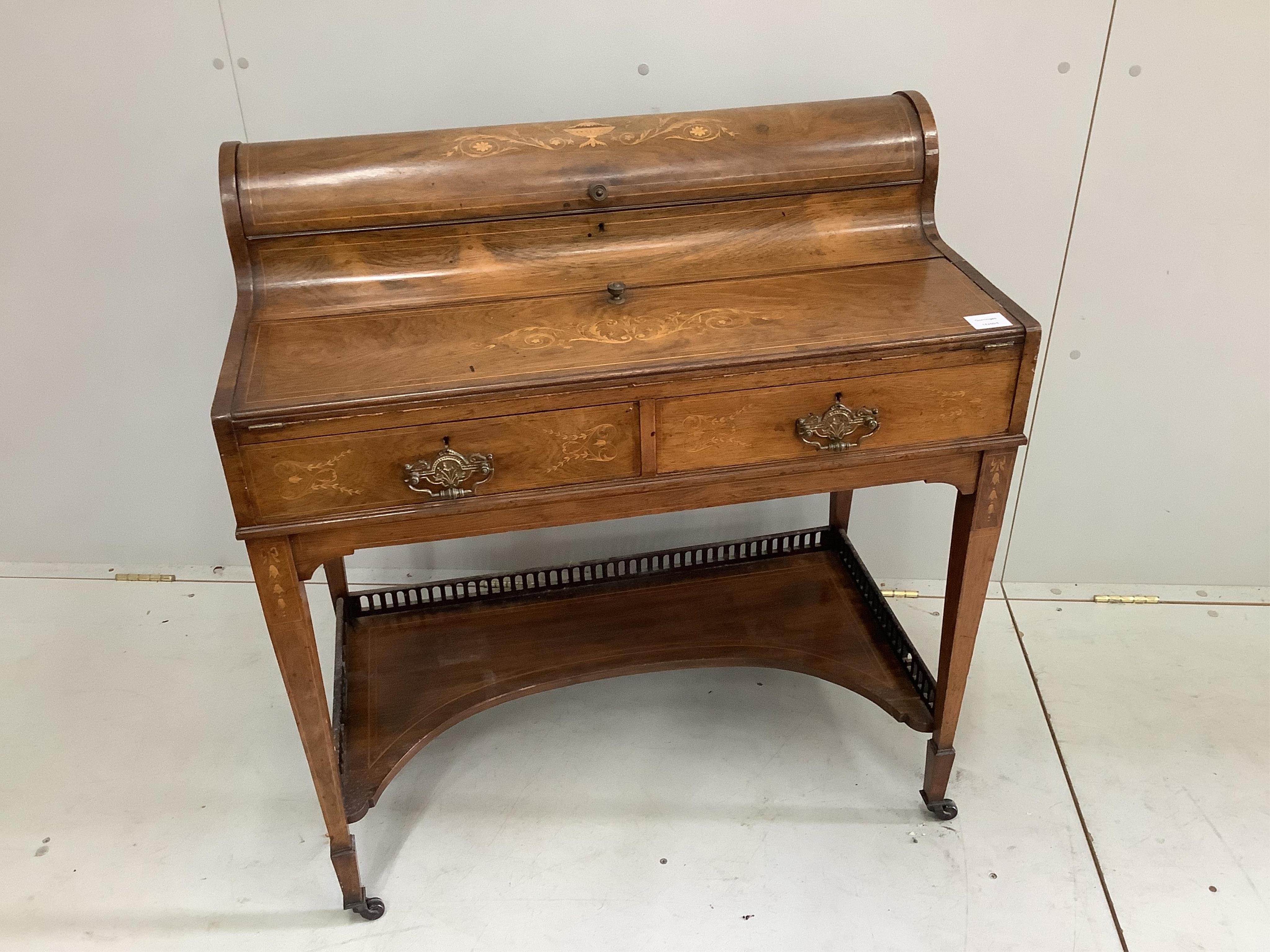 An Edwardian inlaid rosewood bonheur de jour, width 84cm, depth 46cm, height 91cm. Condition - fair